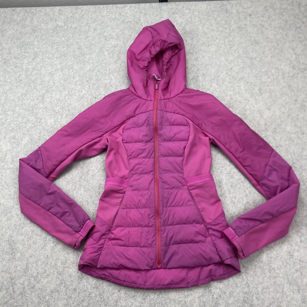 Lululemon Jacket Womens 2 Pink Hooded Down Full Zip Running Reflective Insulated